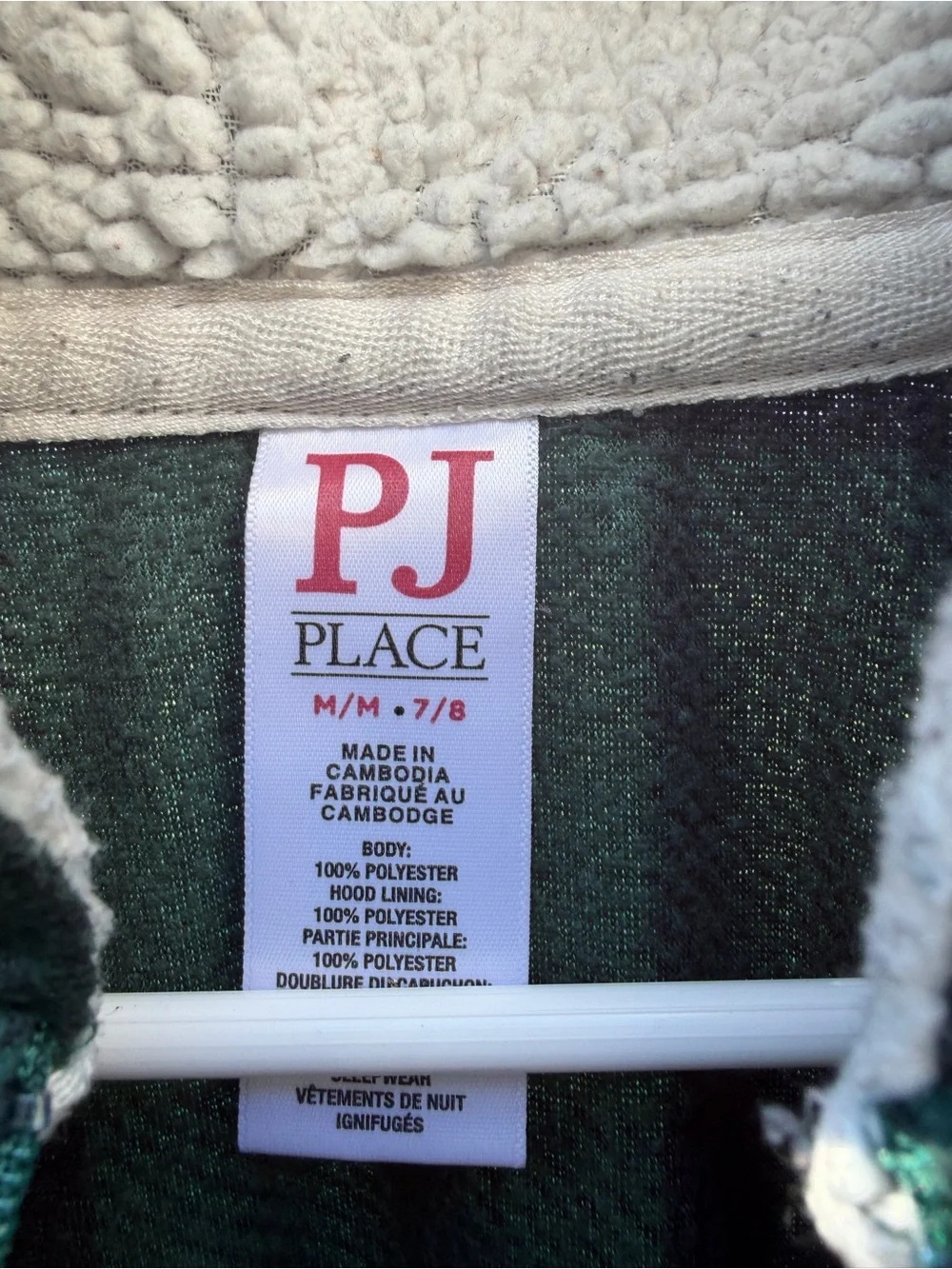 The Children's Place Green and Black Plaid Hooded Kids One-Piece footless PJ 7/8